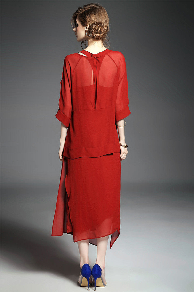 Women's Loose Backless Dress 3/4 Sleeve Boat Neck Chiffon Party Dress