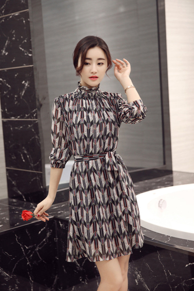 WOMNE'S GRACE STAND COLLAR HALF SLEEVE PRINT AND FLORAL SHORT DRESS
