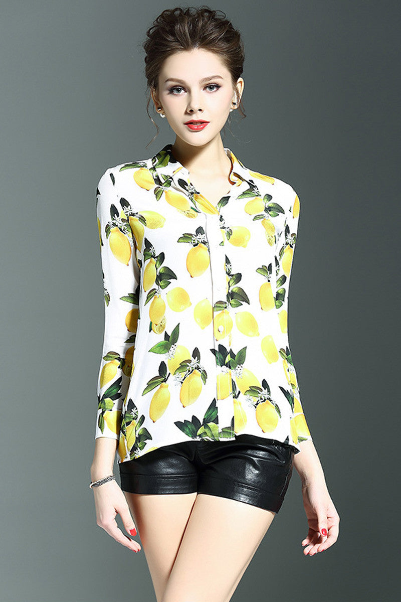 Button Down Shirts With Lemon Printted - NJOYDRESS - 1