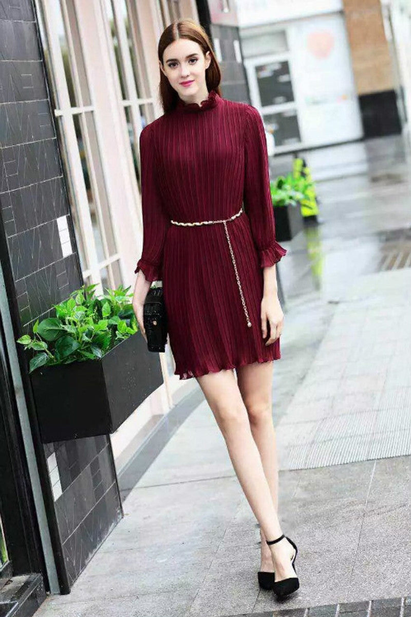 Chiffon Pleated Mock Neck Dress - NJOYDRESS - 1