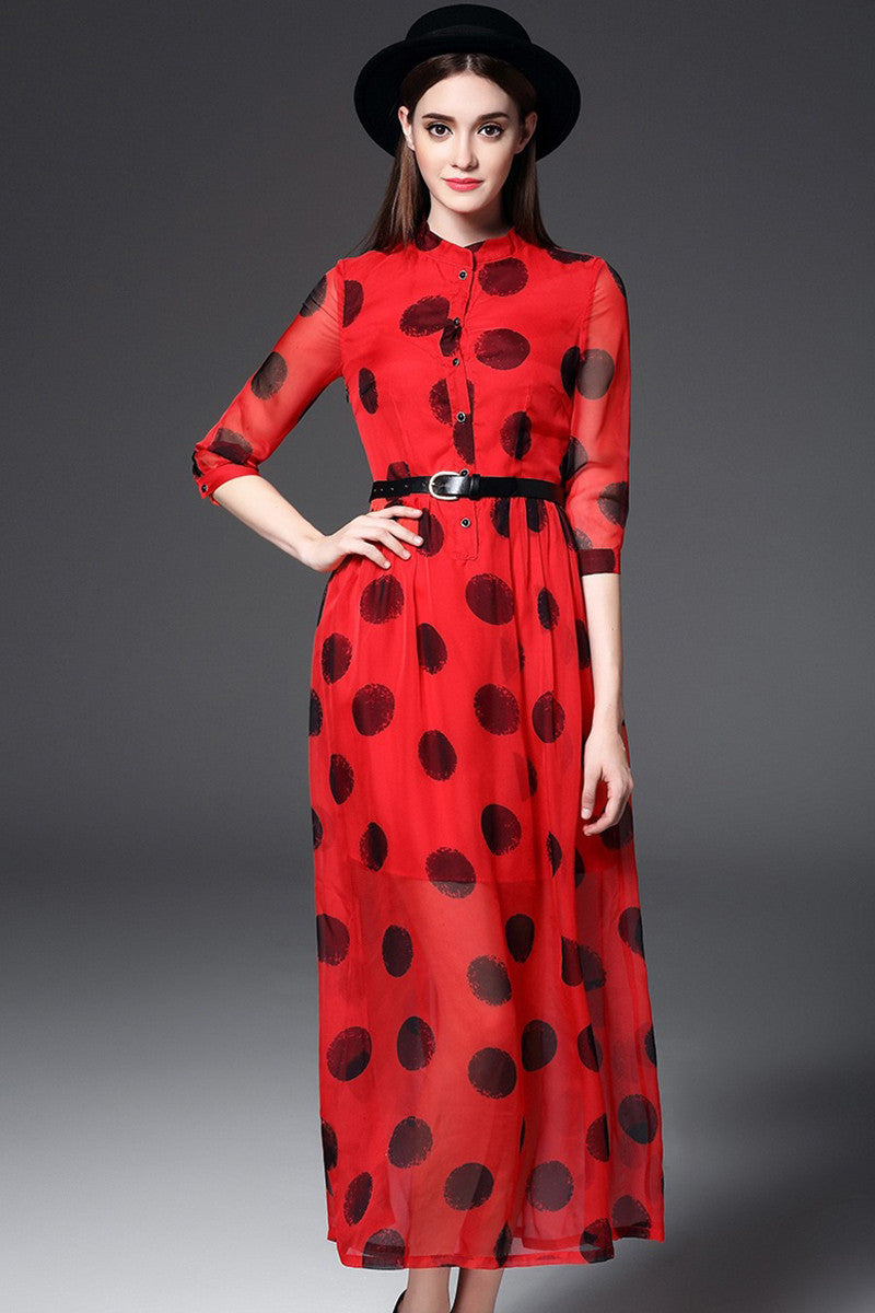 Stand Collar Dots Print Flare Chiffon Maxi Dress