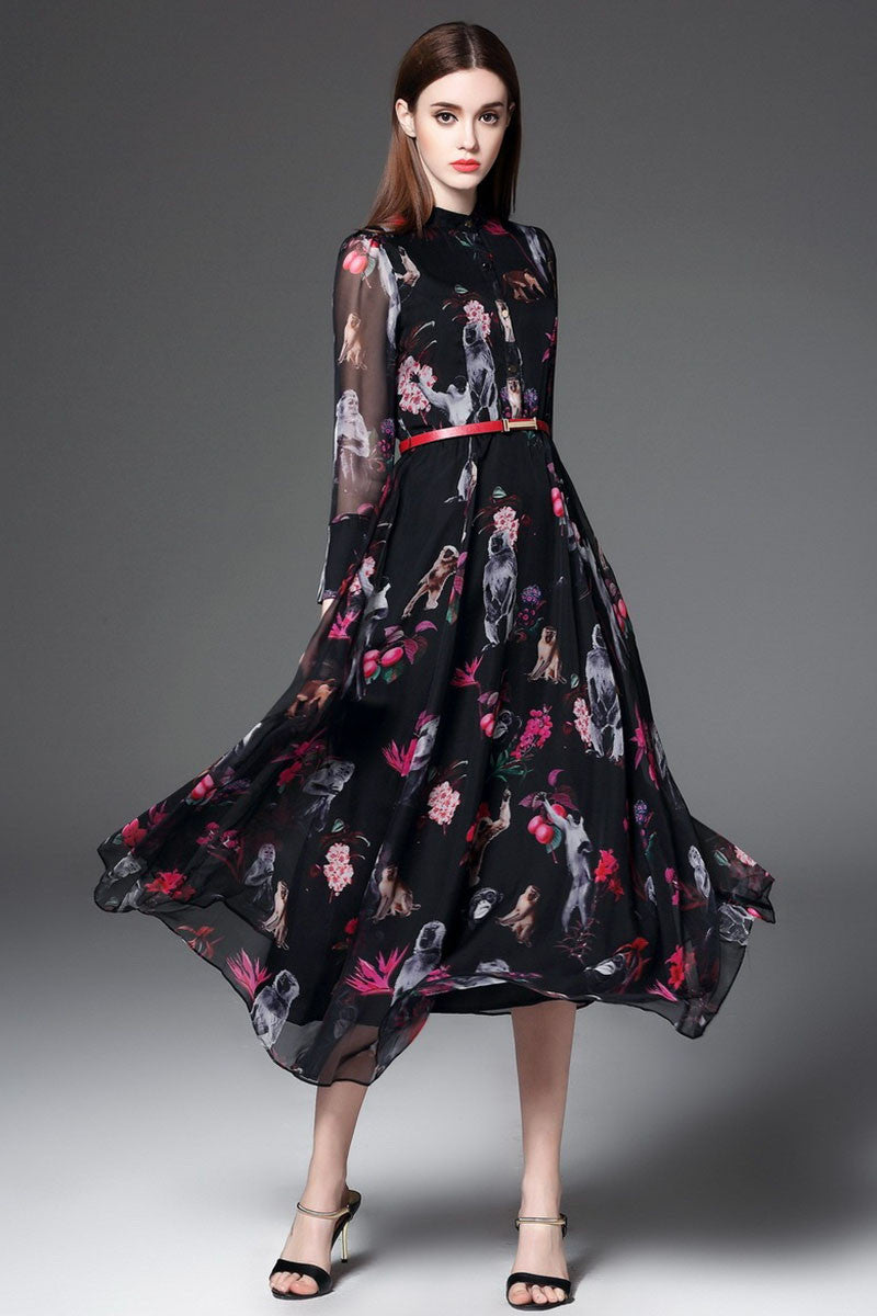 Casual Chiffon Floral Printed Slim Long Maxi Dress With Belt
