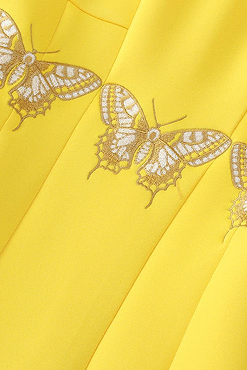 Cap Sleeve Butterflies Embroidery Slim Slant Pocket Dress