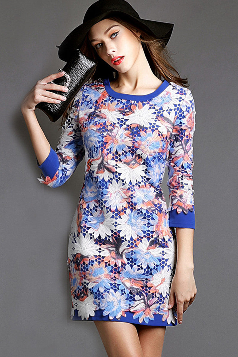 WOMEN'S SLIM ROUND NECK PRINT AND FLORAL 3/4 SLEEVE VOCATION MIDI DRESS - NJOYDRESS - 1