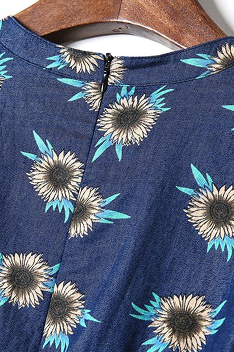 V Neck Daisy Print Denim Swing Dress With Belt