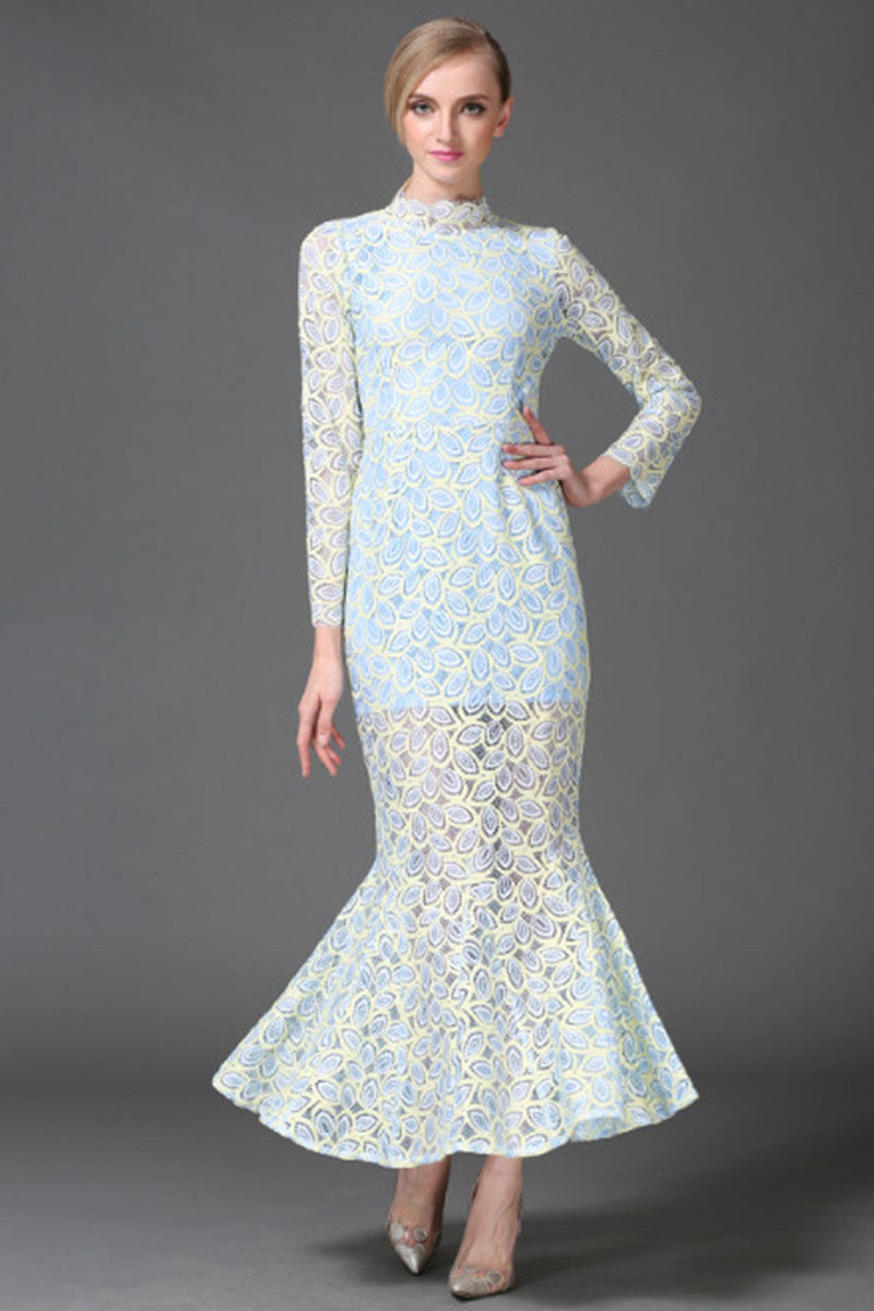 WOMEN'S ELEGANT DOT PRINTING LONG SLEEVE VINTAGE STAND COLLAR LONG DRESS
