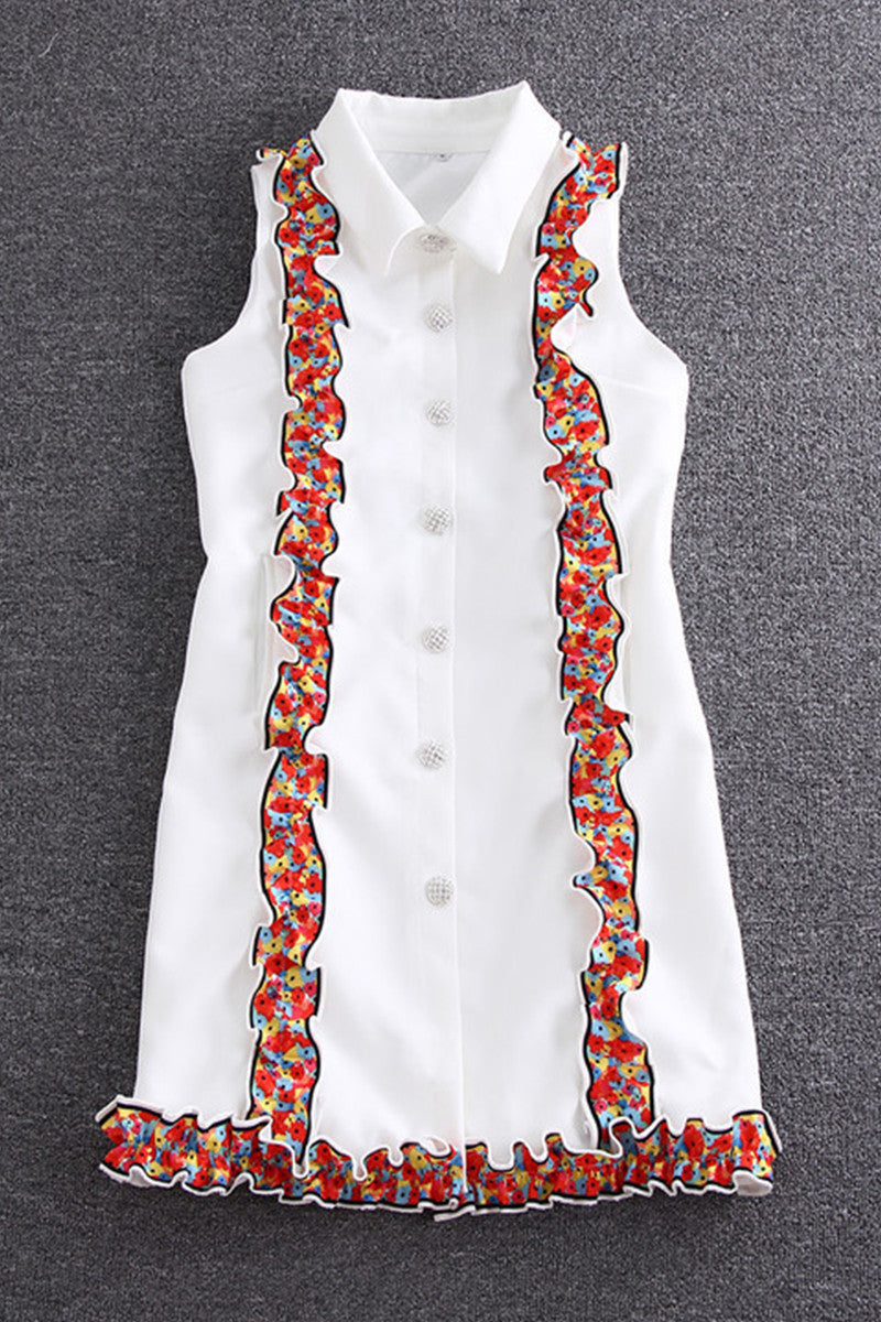 White sleeveless printed edge single-breasted dress