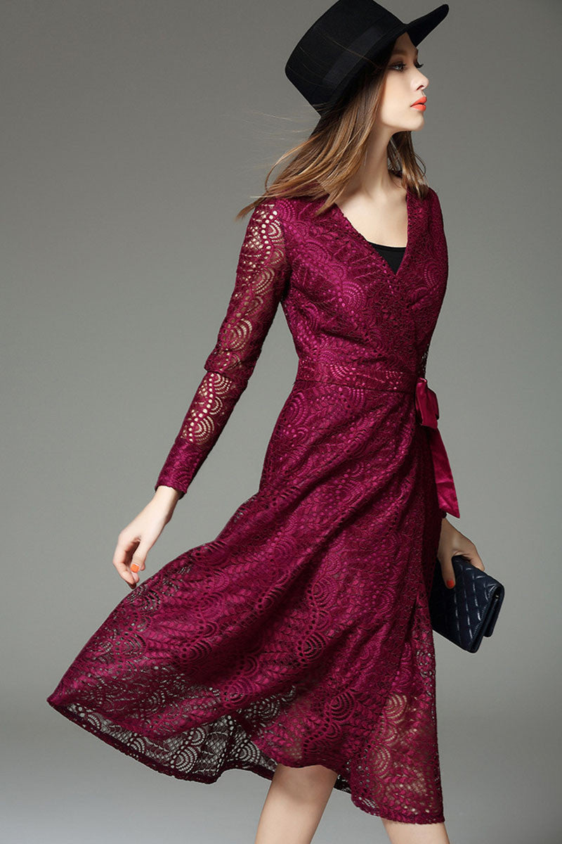 V Neck Hollow Out Lace Shirring Lacing Waist Midi Dress - NJOYDRESS - 2
