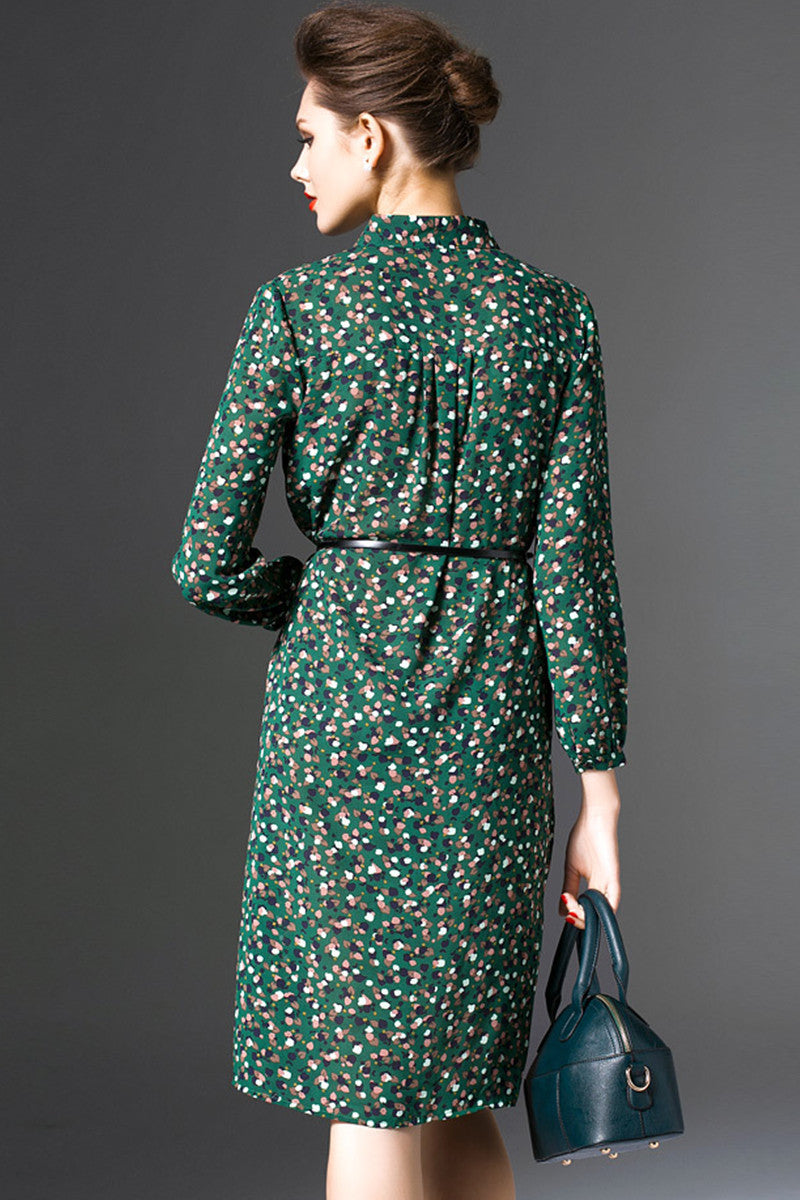 Bowknot Lacing Stand Collar Floral Pattern Short Front Long Back Hi-Low Dress With Belt
