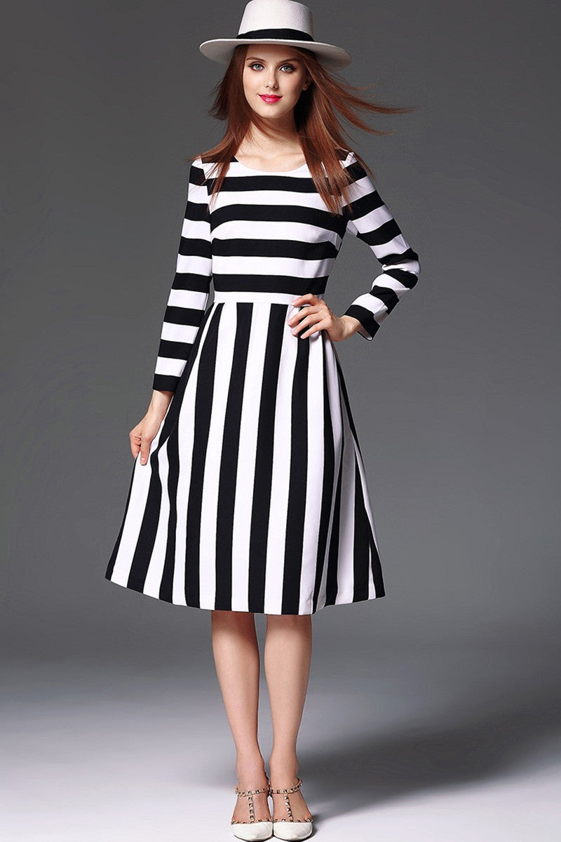 Women's Slim Boat Neck Striped 9 Sleeve Elegant Dress