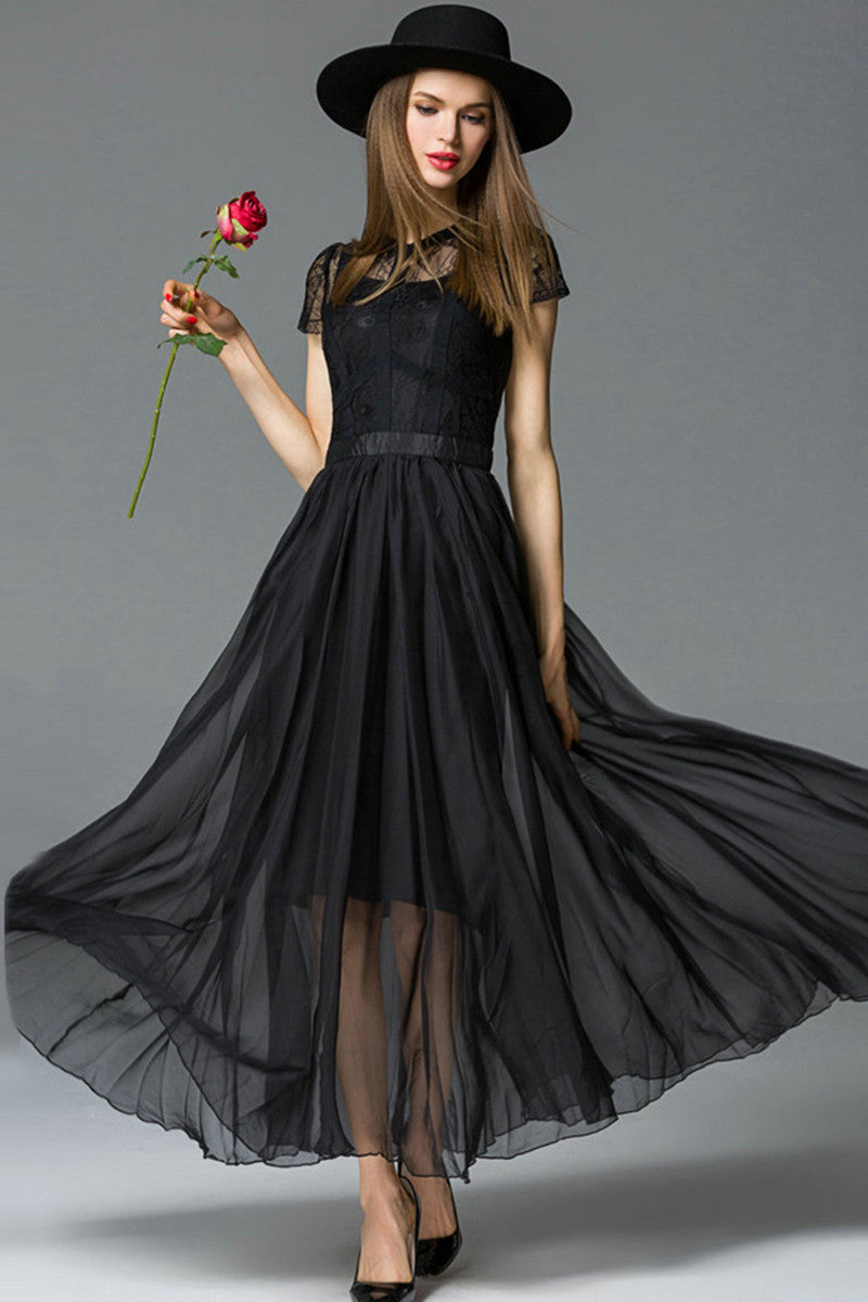 Elegant Cap Sleeve Chiffon Sheer Maxi Cocktail Dress
