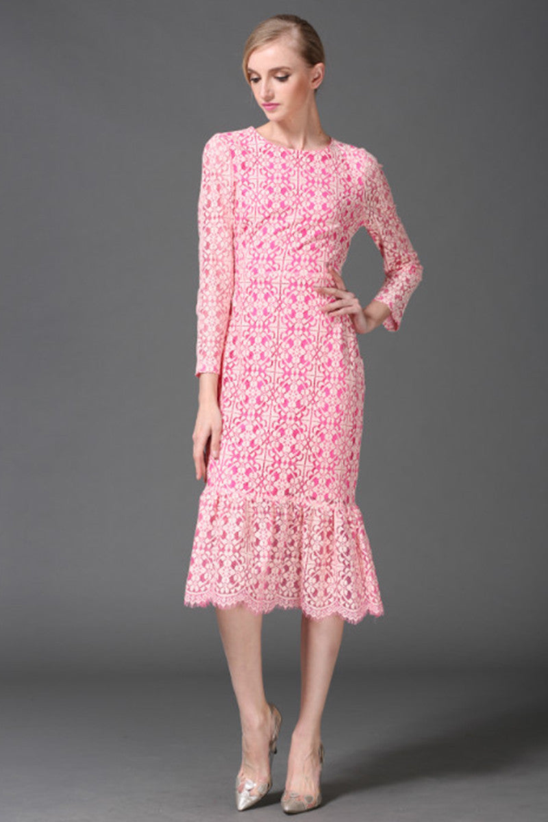 WOMEN'S ROUND NECK LACE LONG SLEEVE MIDI DRESS