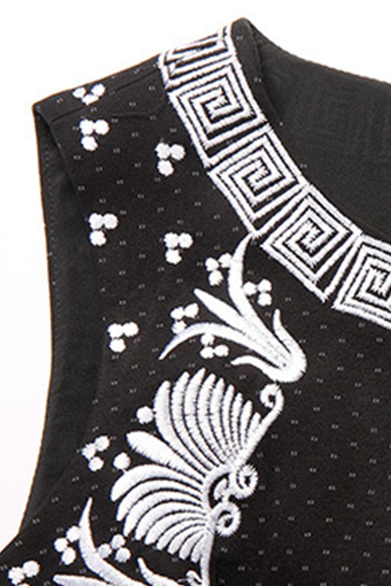 Round Collar Embroidery Slim Wrap Dress