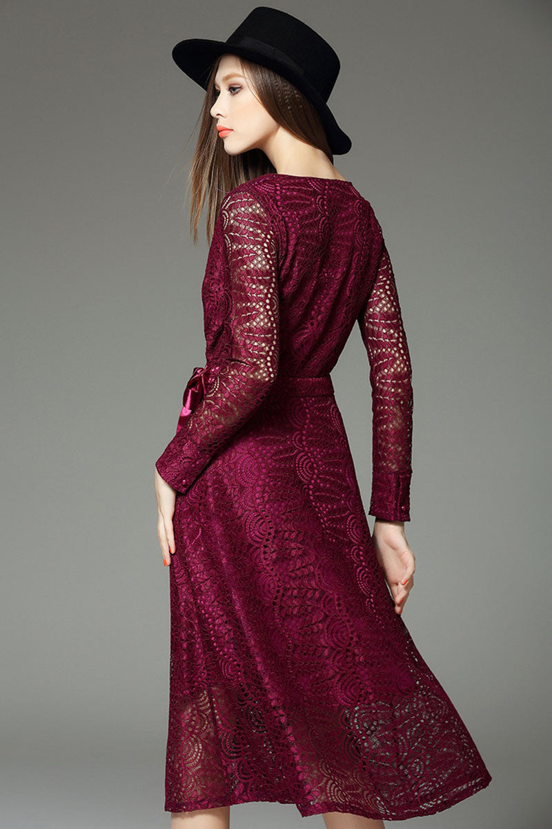 V Neck Hollow Out Lace Shirring Lacing Waist Midi Dress