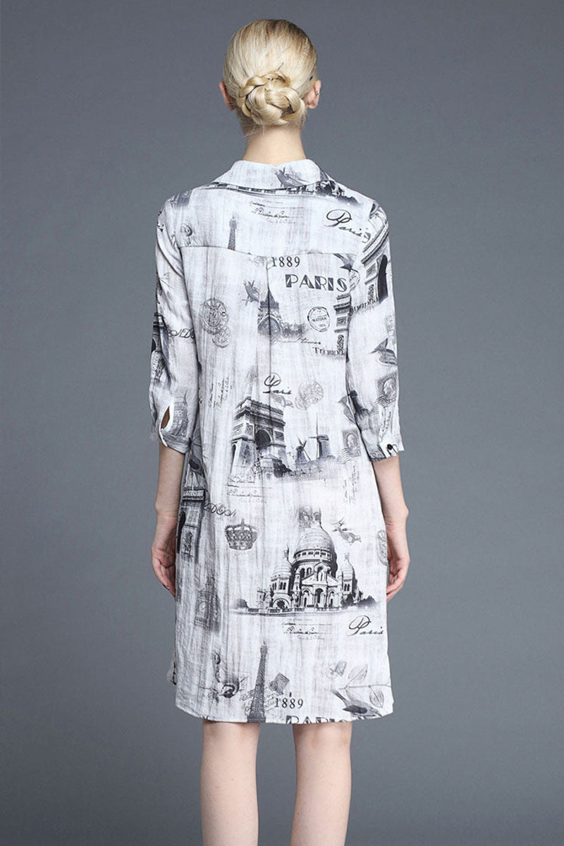 Cotton Linen Pattern Print 3/4Sleeve Irregular Mini Dress - NJOYDRESS - 2