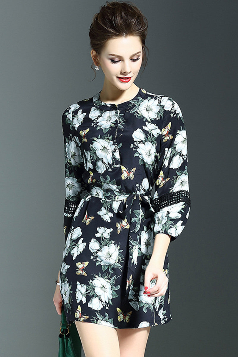women's round neck flower printing 3/4 sleeve casual loose short dress with belt