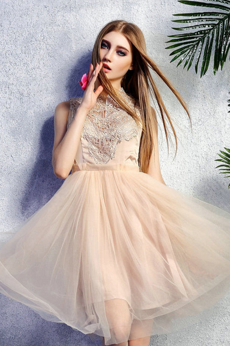 Elegant Prom Lace Stand Collar Embroidery Chiffon Dress