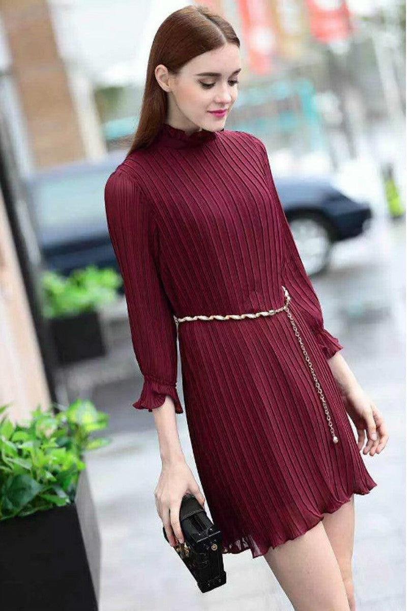 Chiffon Pleated Mock Neck Dress - NJOYDRESS - 2