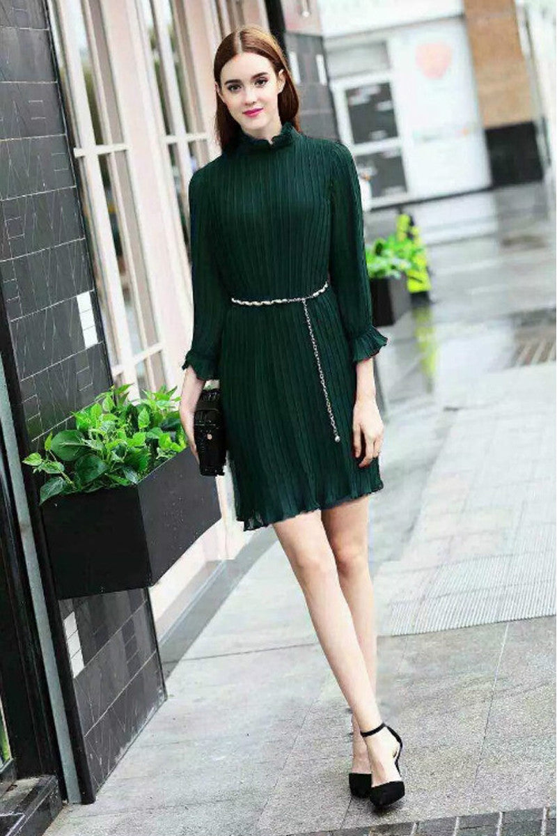 Chiffon Pleated Mock Neck Dress - NJOYDRESS - 3