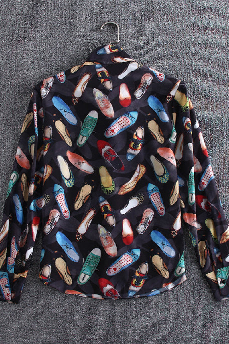 Mock Neck with Blow Tie High-heeled Shoes Printted Shirts - NJOYDRESS - 2