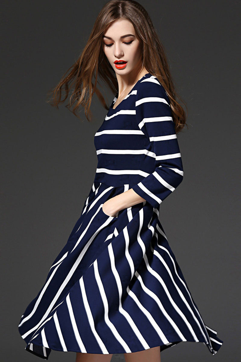 WOMEN'S GRACE STRIPE 3/4 SLEEVE ROUND NECK MIDI COCKTAIL MIDI DRESS