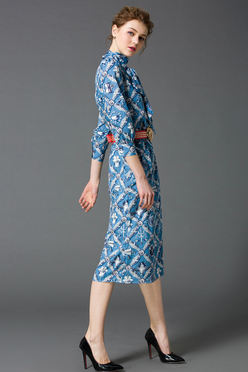 women's elegant casual print and floral stand collar 3/4 sleeve midi dress