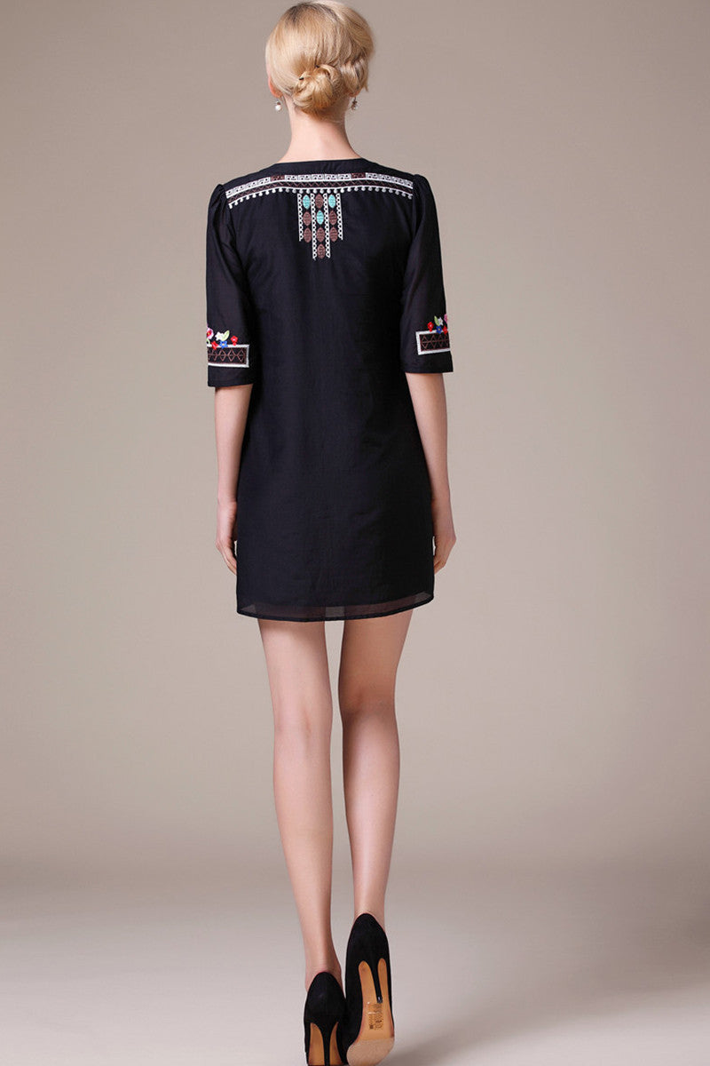 WOMEN'S V NECK CHINESE STYLE EMBROIDERY HALF SLEEVE CASUAL DRESS