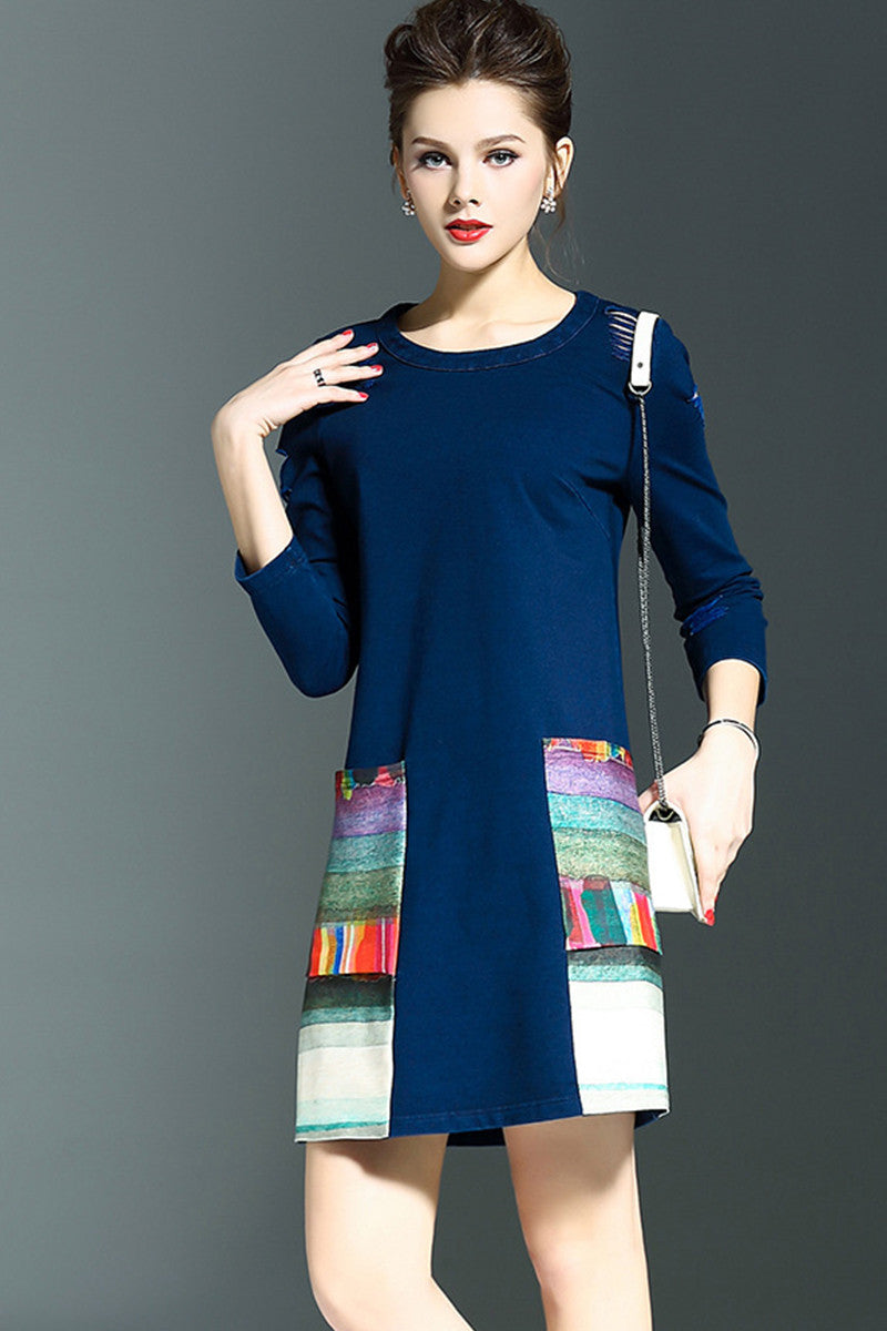 women's round neck print and floral 3/4 sleeve vintage short dress