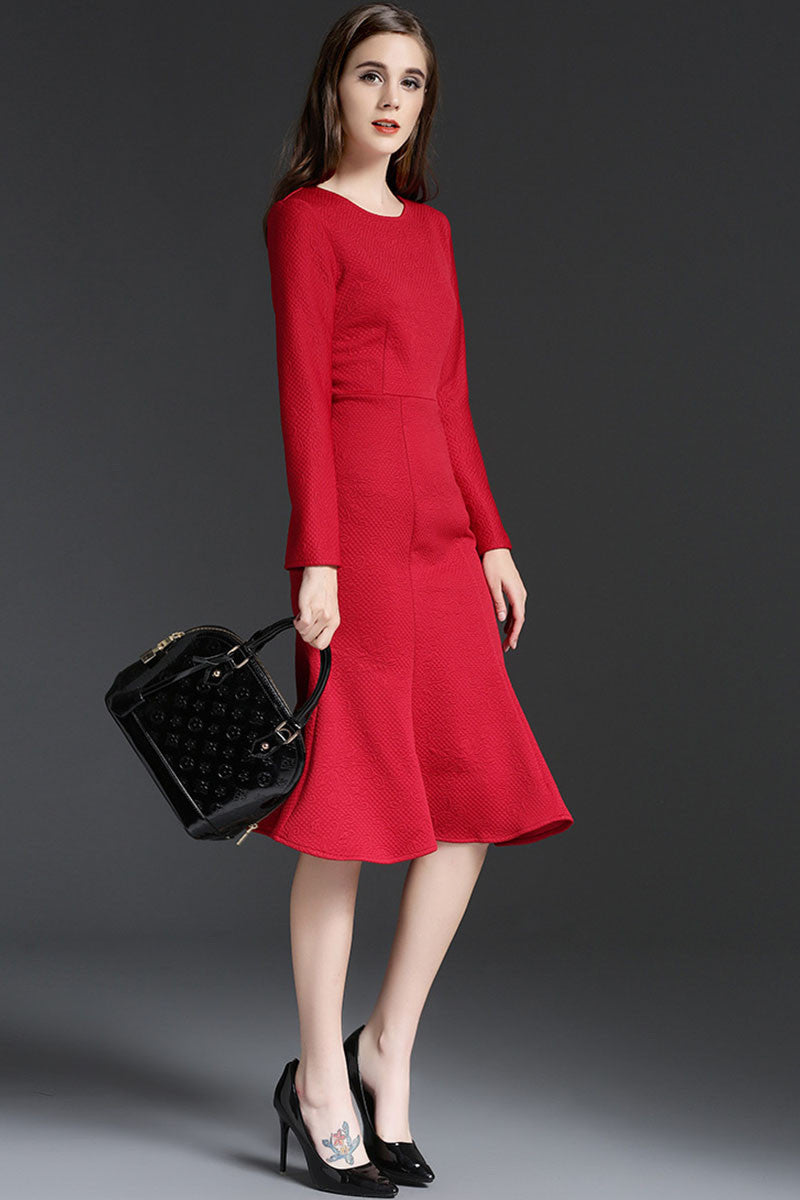 WOMEN'S ROUND NECK WEAR TO WORK ELEGANT 9 SLEEVE MIDI DRESS