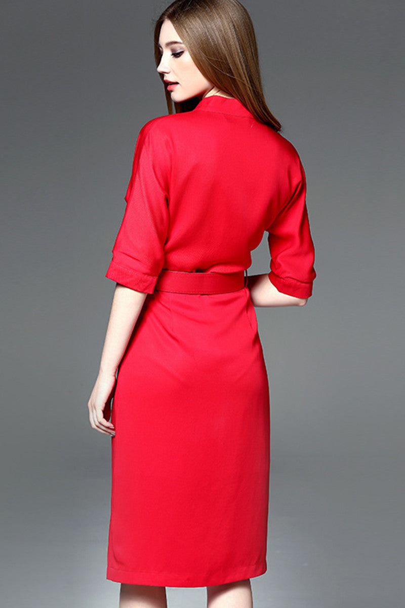WOMEN'S ELEGANT WEAR TO WORK MIDI DRESS WITH BELT