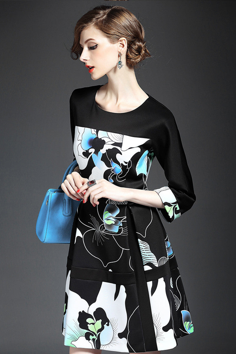 WOMEN'S PRINT AND FLORAL A-LINE SLIM 3/4 SLEEVE DRESS