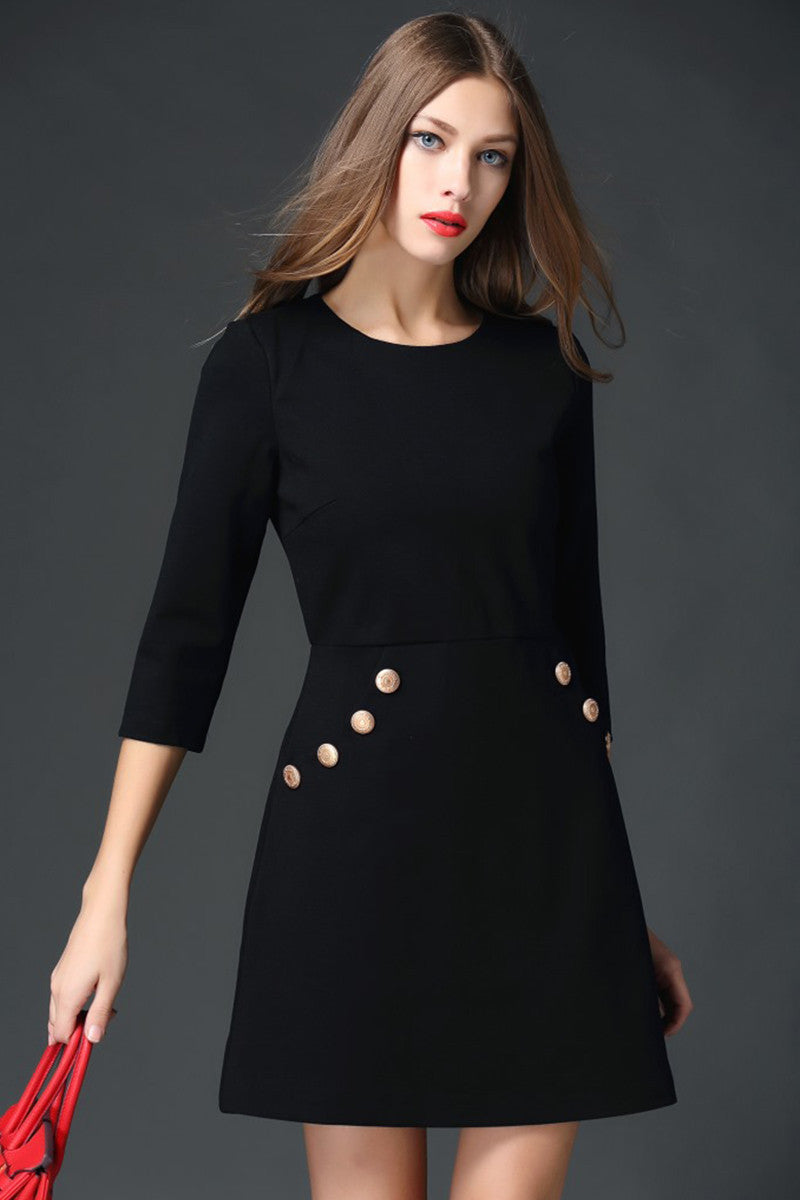 Round Collar Slant Pocket Button Decorated Dress
