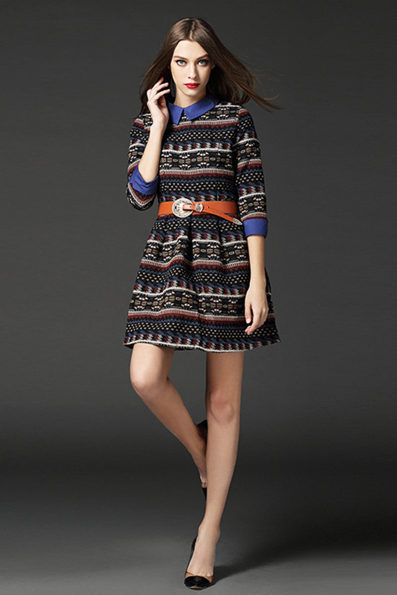 Tribal Pattern Flared Dress With PU Belt