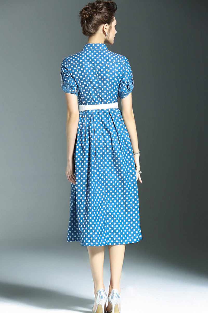 Elegant Dot Printed Lapel Half Sleeve Formal Dress