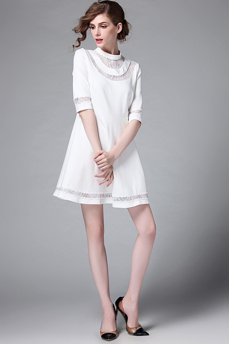 WOMEN'S LACE ROUND NECK CASUAL GRACE HALF SLEEVE SHORT DRESS