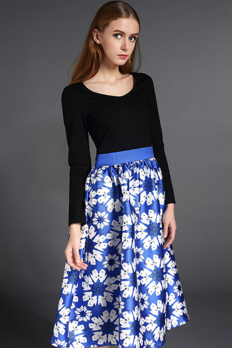 CASUAL BOAT NECK FIT LONG SLEEVE FLOWER PRINTING MIDI DRESS