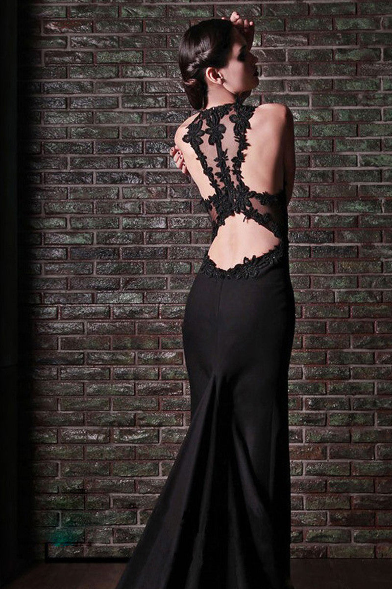 Sheer Mesh Lace Illusiion Cross Back Mermaid Gown