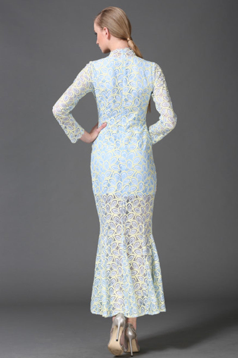 WOMEN'S ELEGANT DOT PRINTING LONG SLEEVE VINTAGE STAND COLLAR LONG DRESS