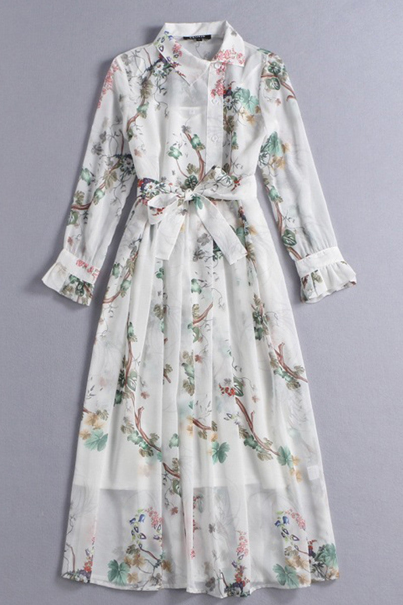 WOMEN'S PRINT AND FLORAL POLO NECK FLOWER PRINTING DRESS WITH BELT
