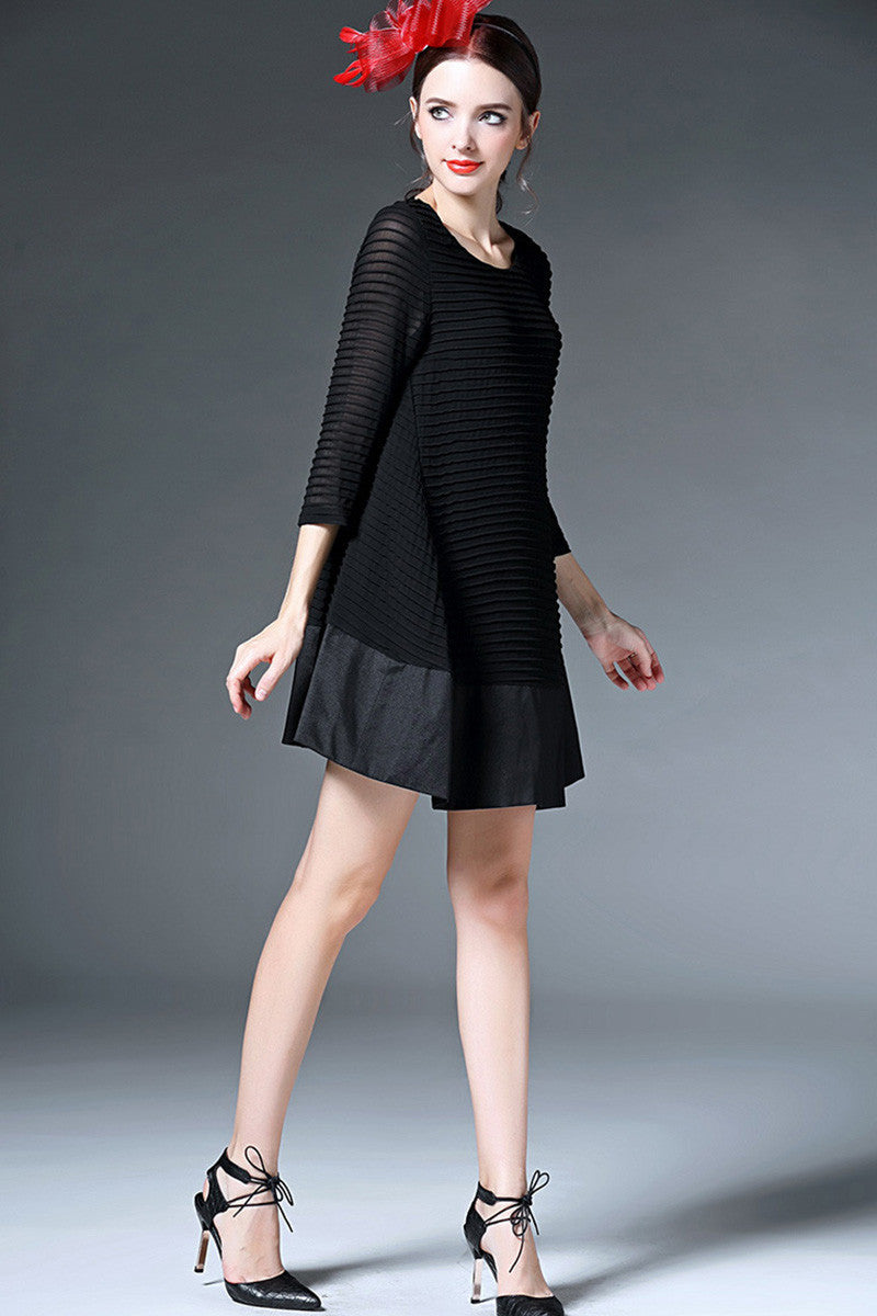 Women's Stripe Black Loose Dress 3/4 Sleeve Boat Neck Casual Dress