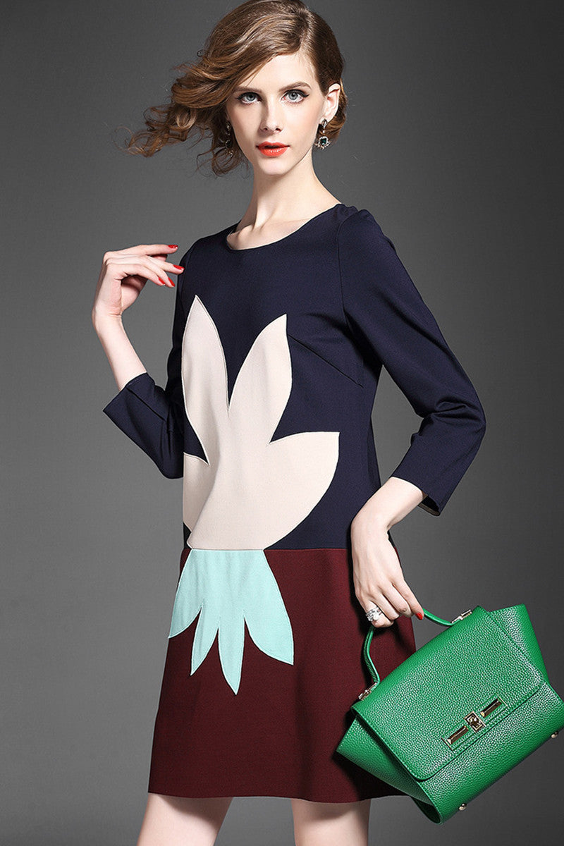 WOMEN'S CASUAL PRINT AND FLORAL ROUND NECK 3/4 SLEEVE VOCATION SHORT DRESS