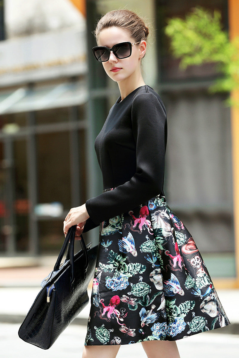 WOMEN'S CASUAL LONG SLEEVE PRINT AND FLORAL MINI DRESS