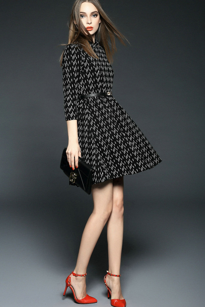 WOMEN'S ELEGANT VINTAGE 3/4 SLEEVE ROUND NECK SHORT DRESS WITH BELT