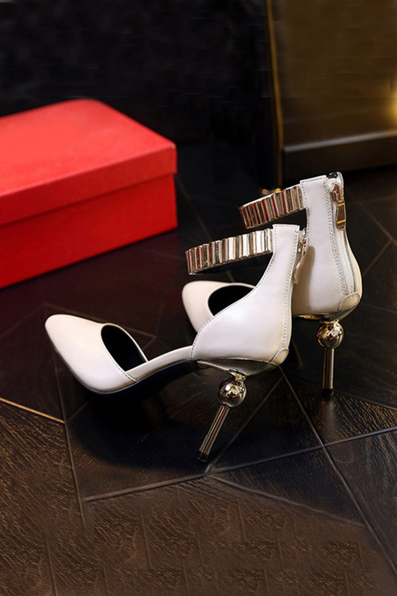 Pointed Toe Metallic Ankle Strap Pumps
