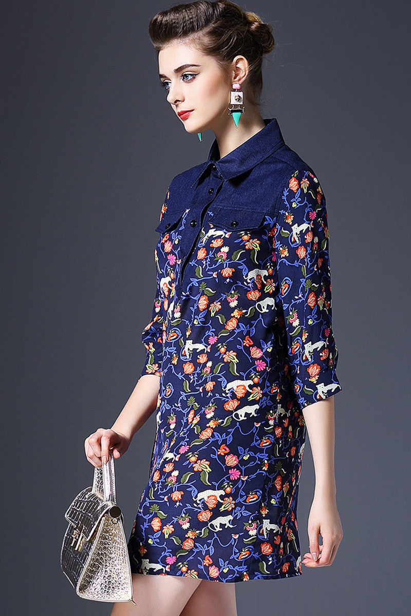 WOMEN'S PRINT AND FLORAL POLO NECK 3/4 SLEEVE SHORT DRESS