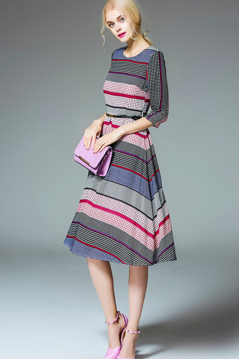 WOMEN'S PLAID ROUND NECK 3/4 SLEEVE VINTAGE MIDI DRESS