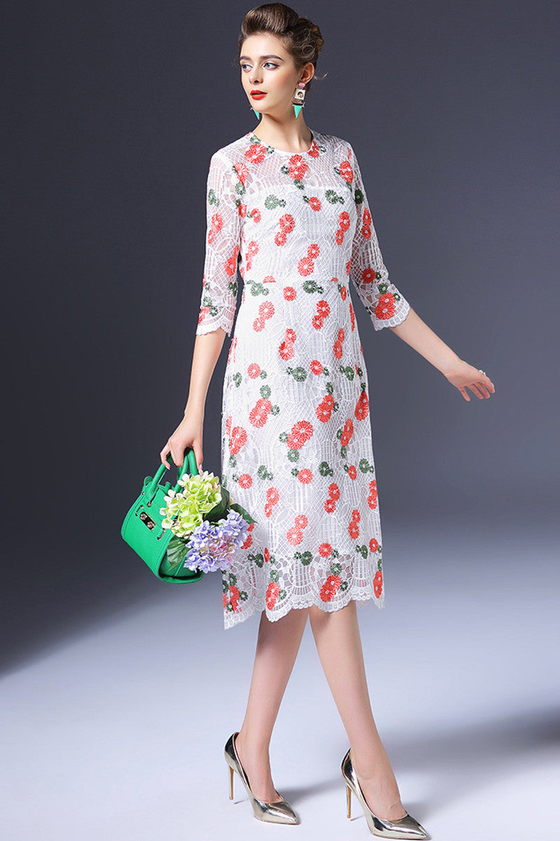 WOMEN'S ELEGANT PRINT AND FLORAL 3/4 SLEEVE ROUND NECK VOCATION MIDI DRESS