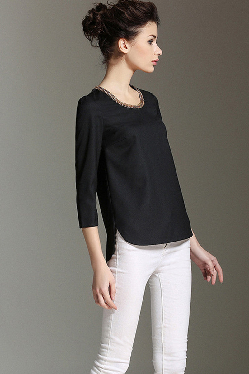 Chain Neck 3/4Sleeve Slit Side Hollow-Out Back Chiffon Top
