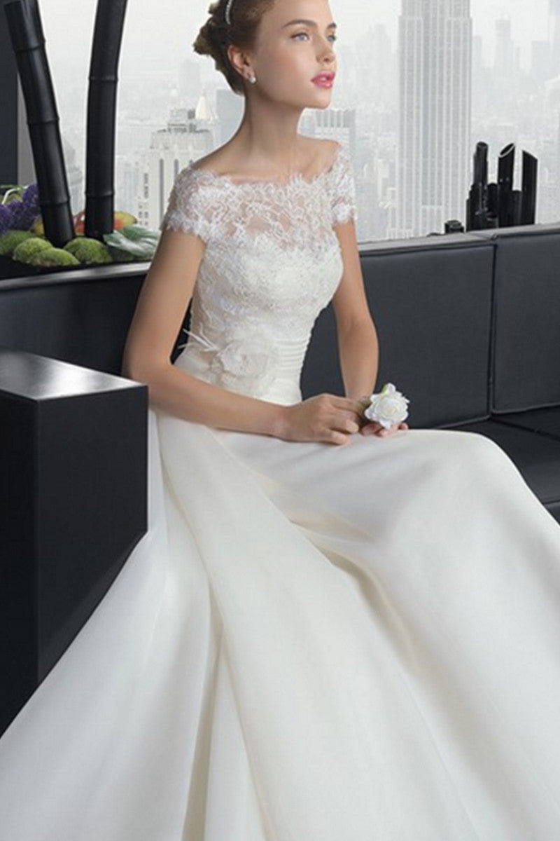 Boat Neck Lace Applique Backless Empire Waist Gown Long Dress