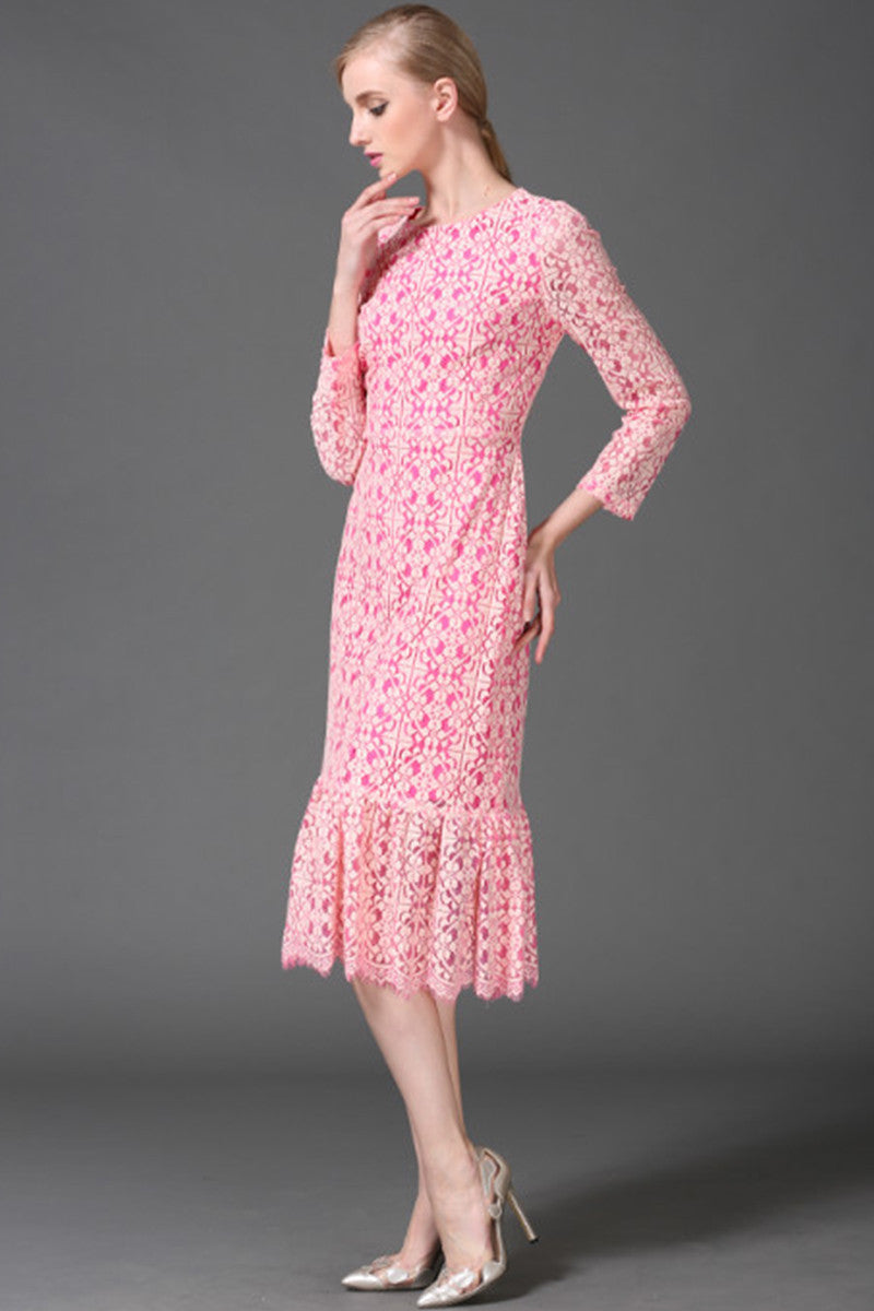 WOMEN'S ROUND NECK LACE LONG SLEEVE MIDI DRESS